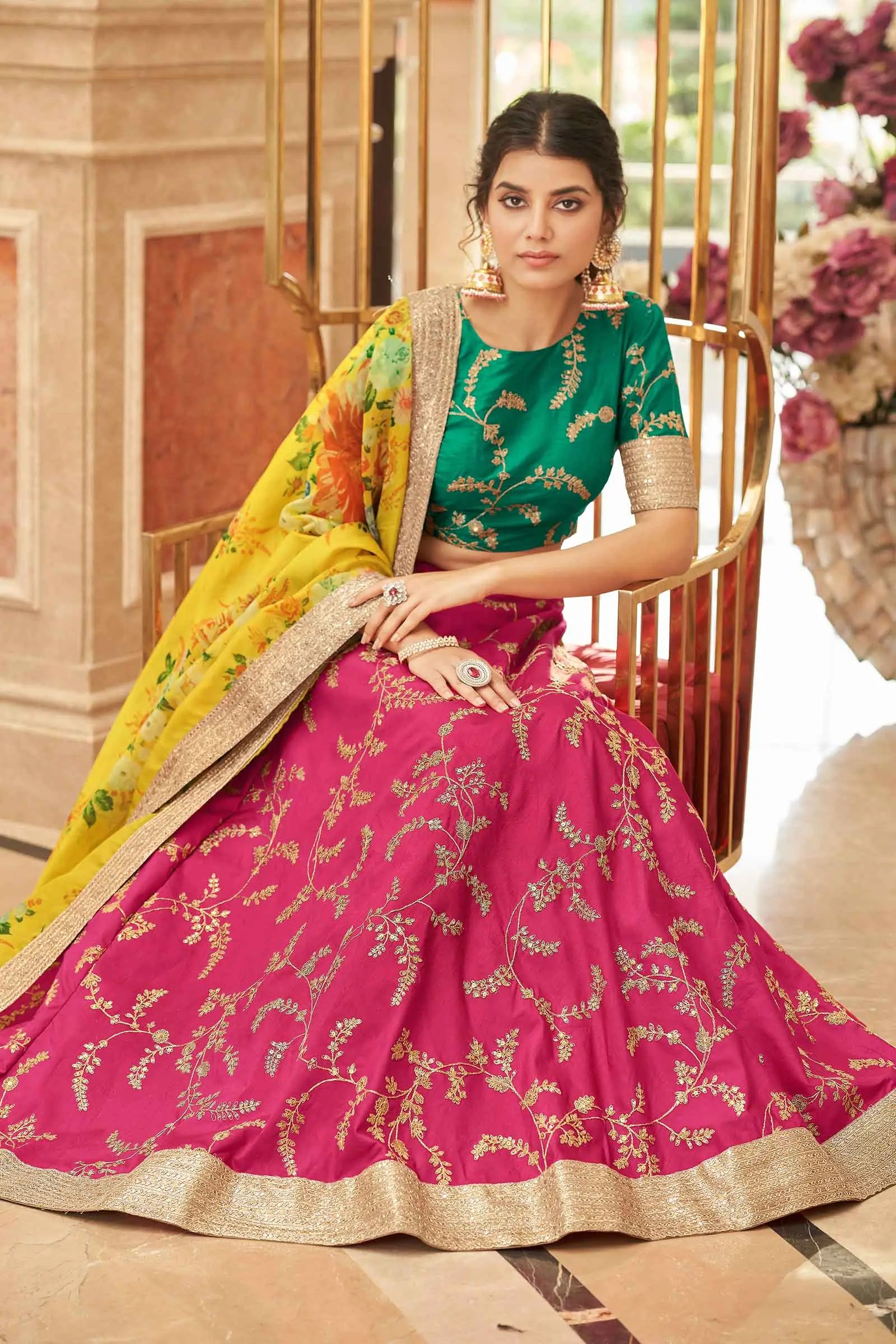 Pink Yellow Art Silk Lehenga With Thread Zari Dori And Sequins Embroidery Work | Ready To Wear - qivii