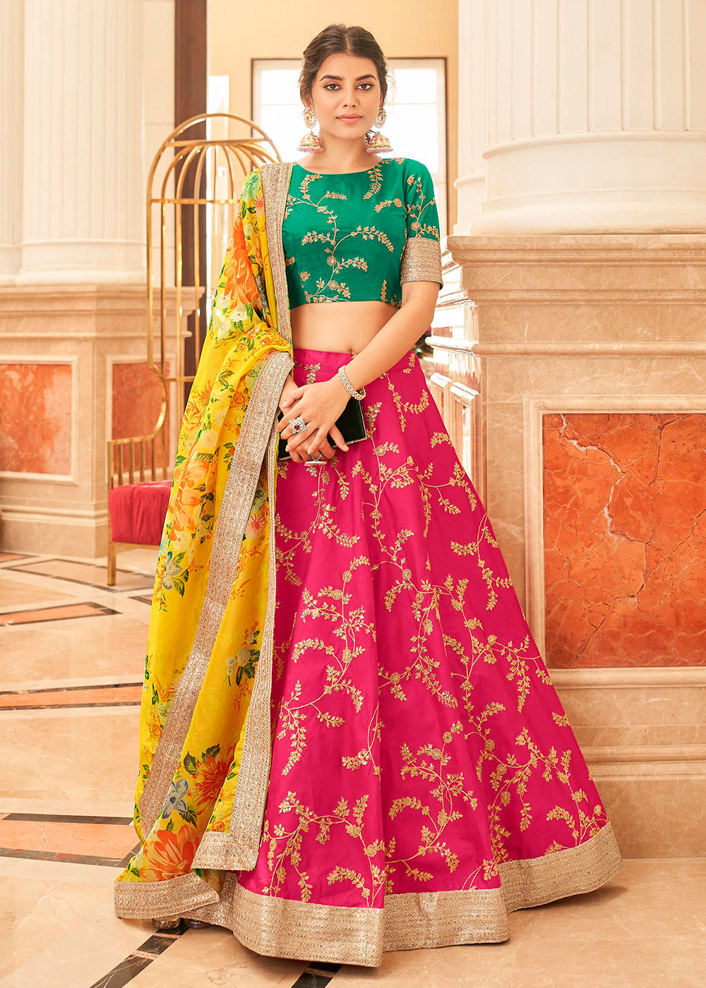 Bright Pink Art Silk Lehenga Choli with Thread, Zari,Dori & Sequins work | Ready To Wear - qivii
