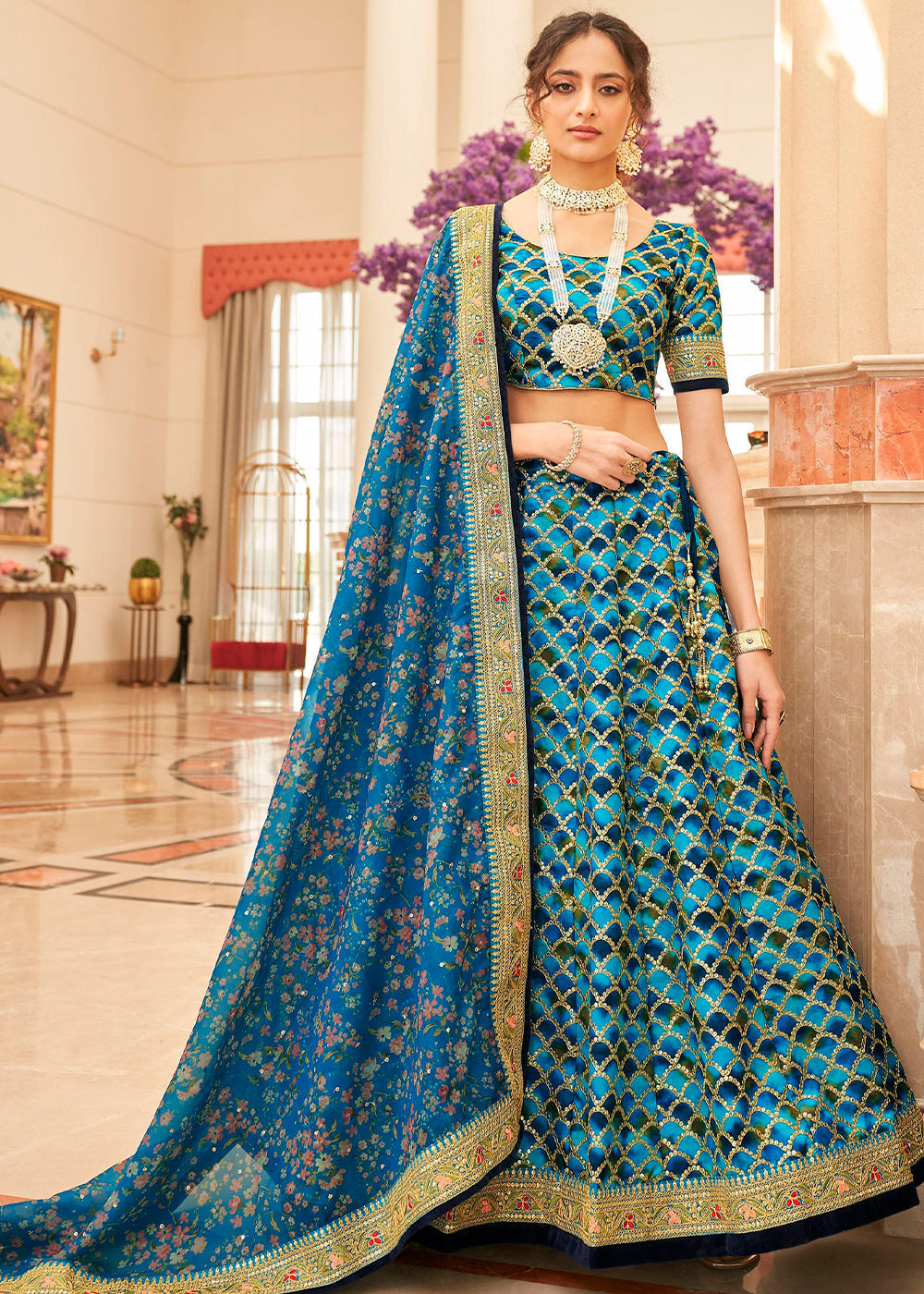Shades Of Blue Art Silk Lehenga Choli with Thread, Zari,Dori & Sequins work | Ready To Wear - qivii
