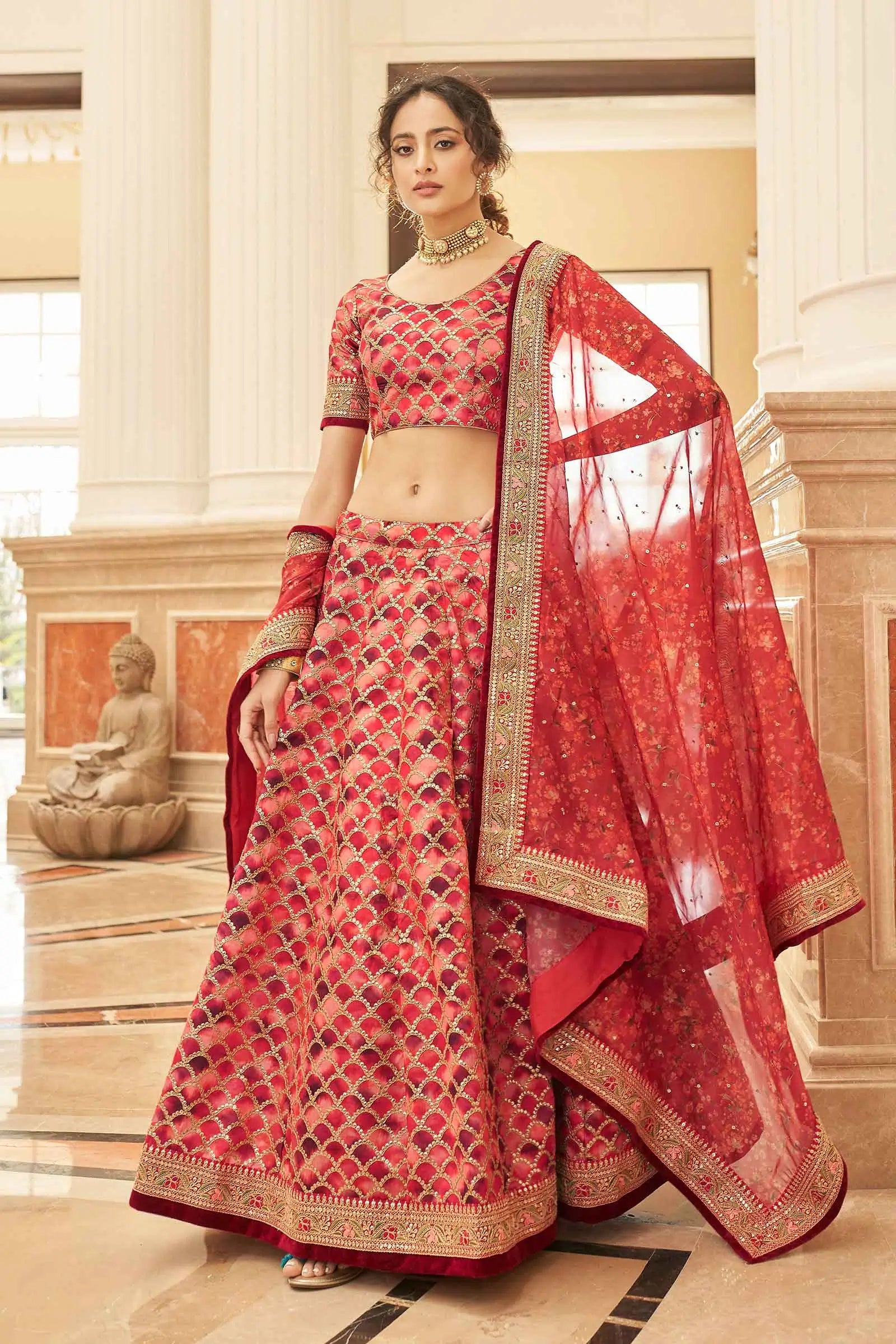 Red Brown Lehenga With Thread Zari Dori And Sequins Embroidery Work With Dupatta - qivii