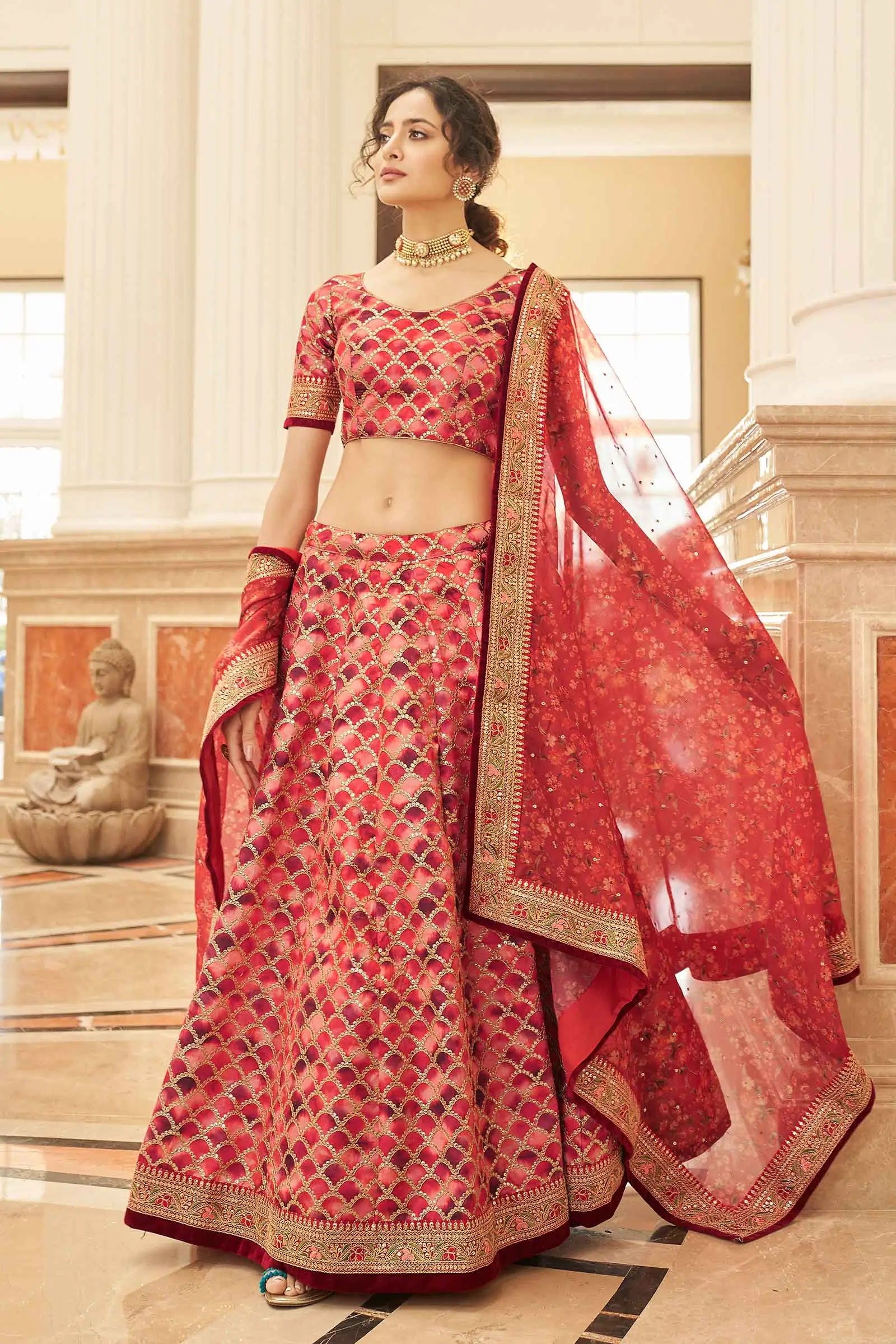 Red Brown Lehenga With Thread Zari Dori And Sequins Embroidery Work With Dupatta - qivii