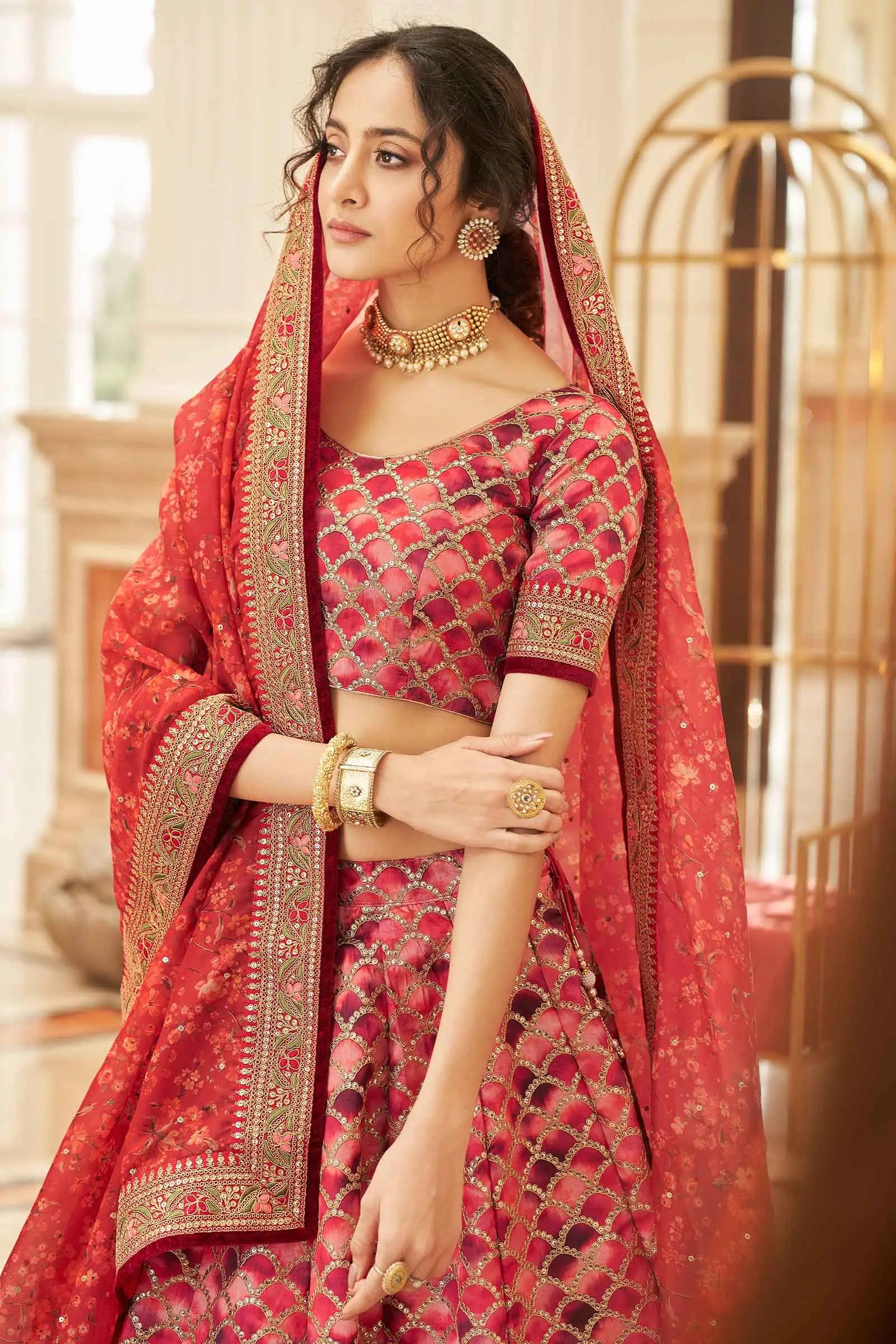 Red Brown Lehenga With Thread Zari Dori And Sequins Embroidery Work With Dupatta | Ready To Wear - qivii