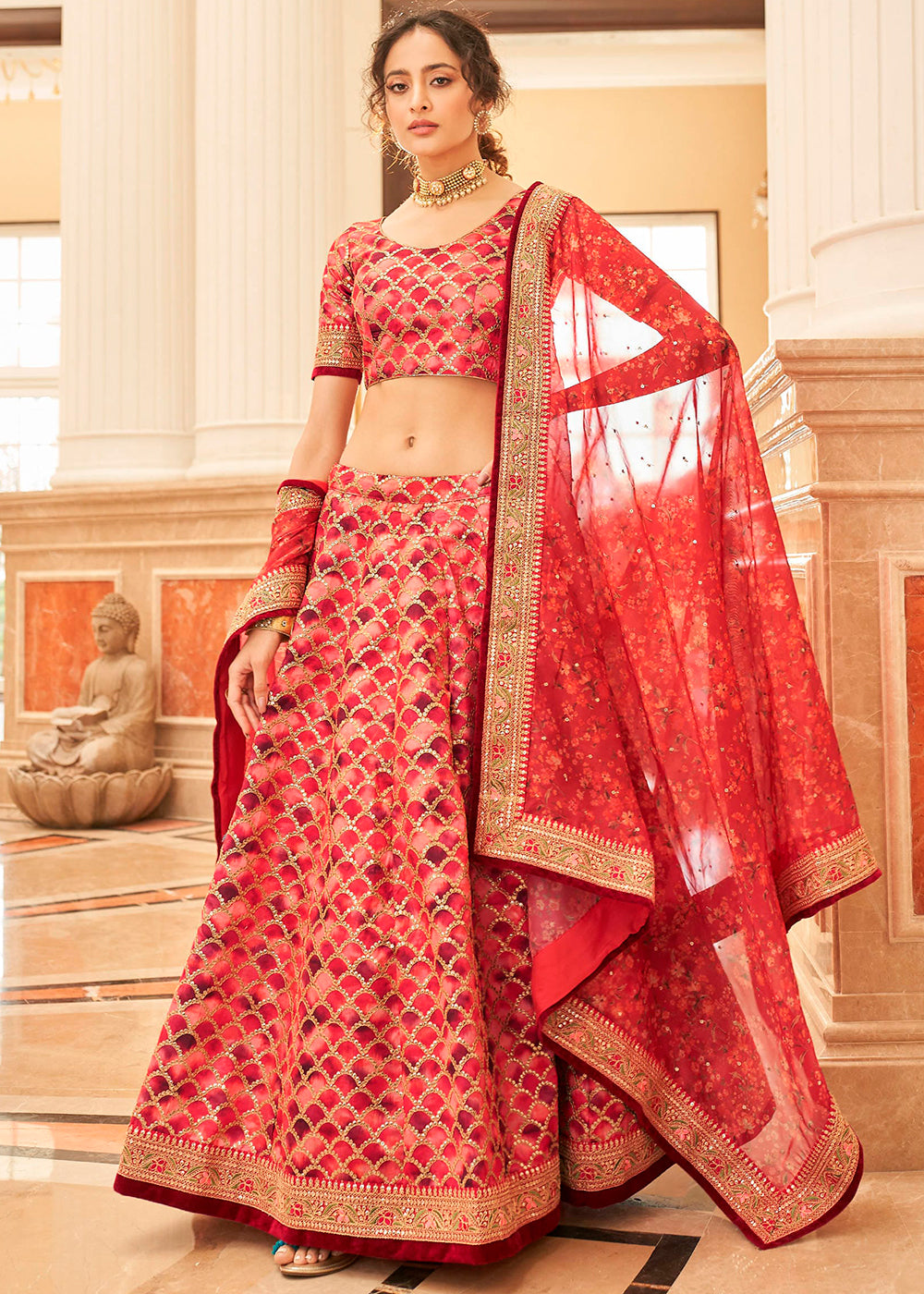 Shades Of Red Art Silk Lehenga Choli with Thread, Zari,Dori & Sequins work | Ready To Wear - qivii