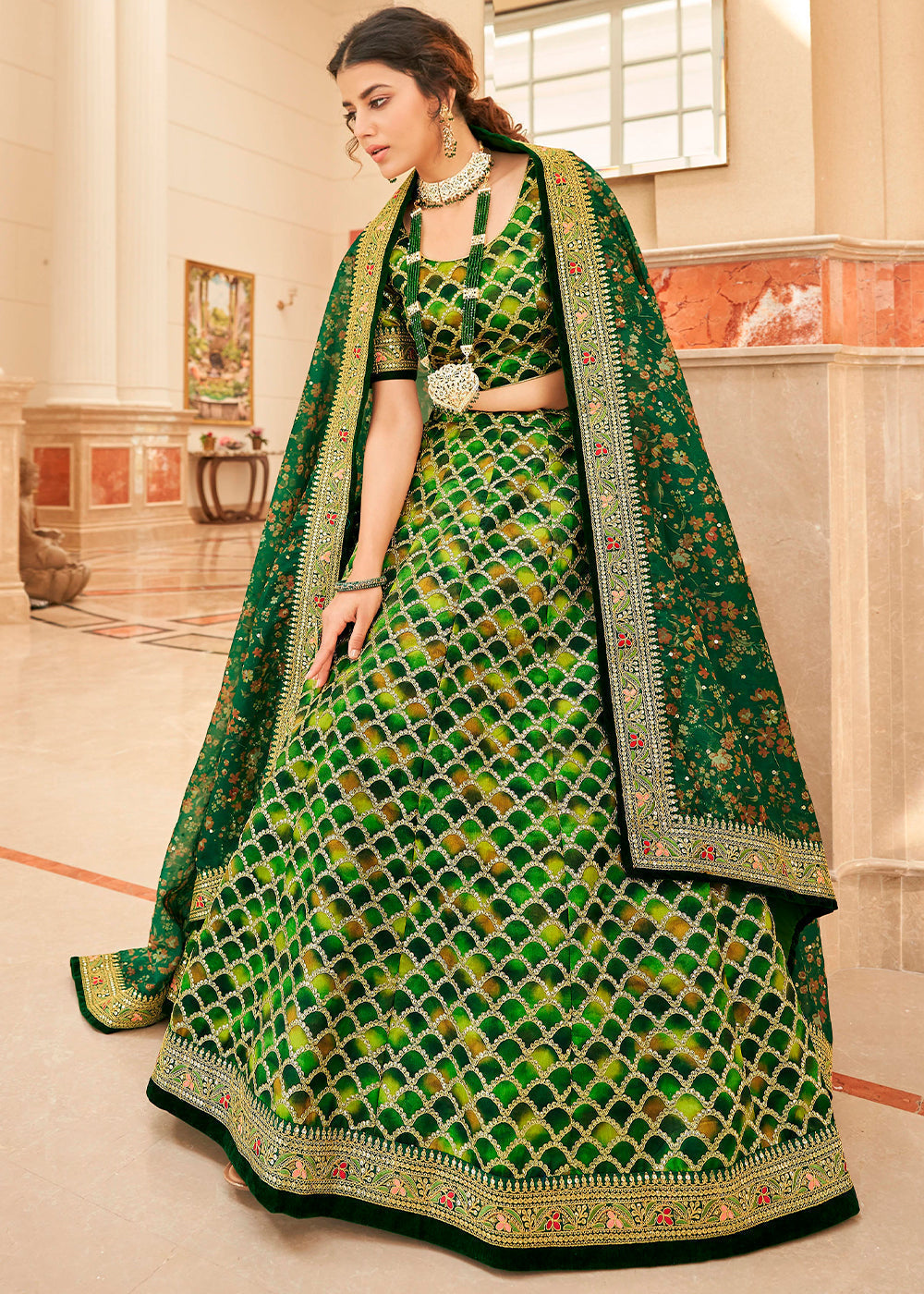 Shades Of Green Art Silk Lehenga Choli with Thread, Zari,Dori & Sequins work | Ready To Wear - qivii