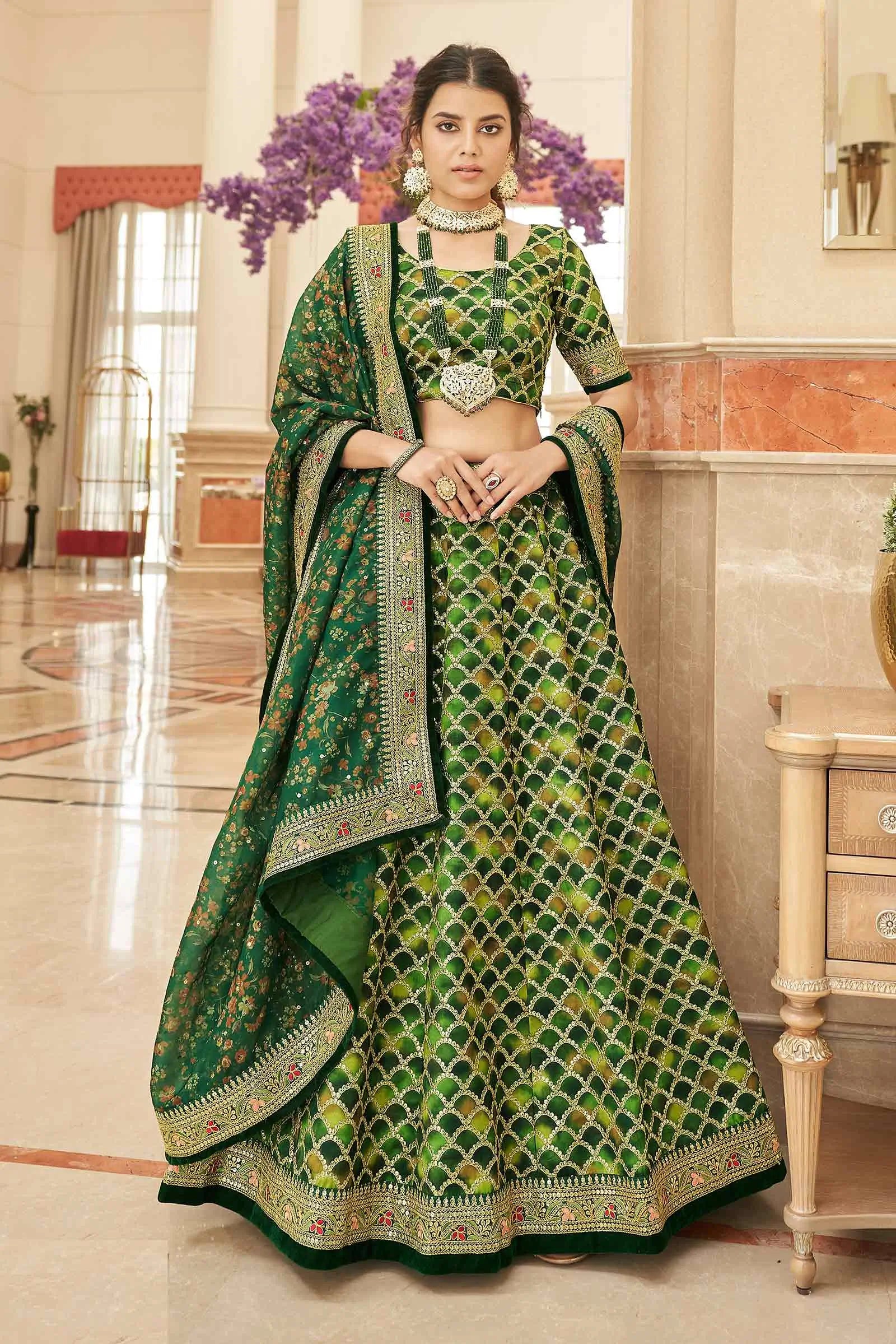 Green Lehenga With Thread Zari Dori And Sequins Embroidery Work With Dupatta | Ready To Wear - qivii