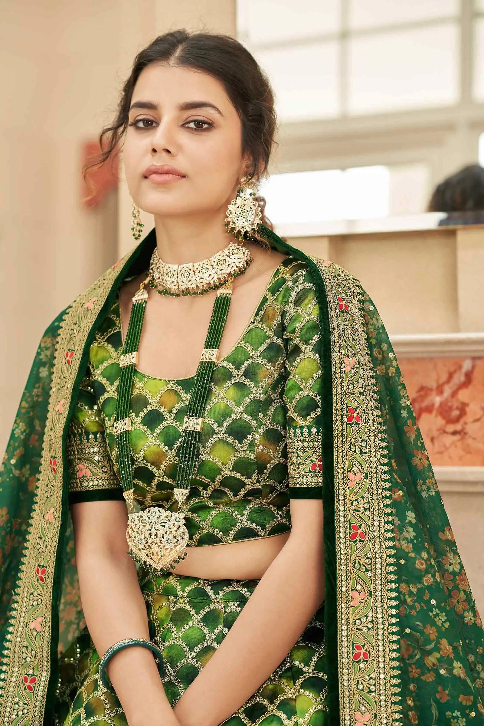 Green Lehenga With Thread Zari Dori And Sequins Embroidery Work With Dupatta | Ready To Wear - qivii