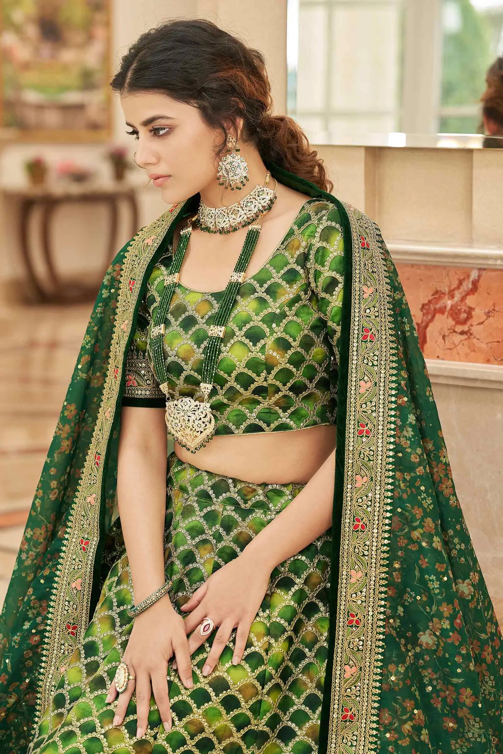 Green Lehenga With Thread Zari Dori And Sequins Embroidery Work With Dupatta | Ready To Wear - qivii