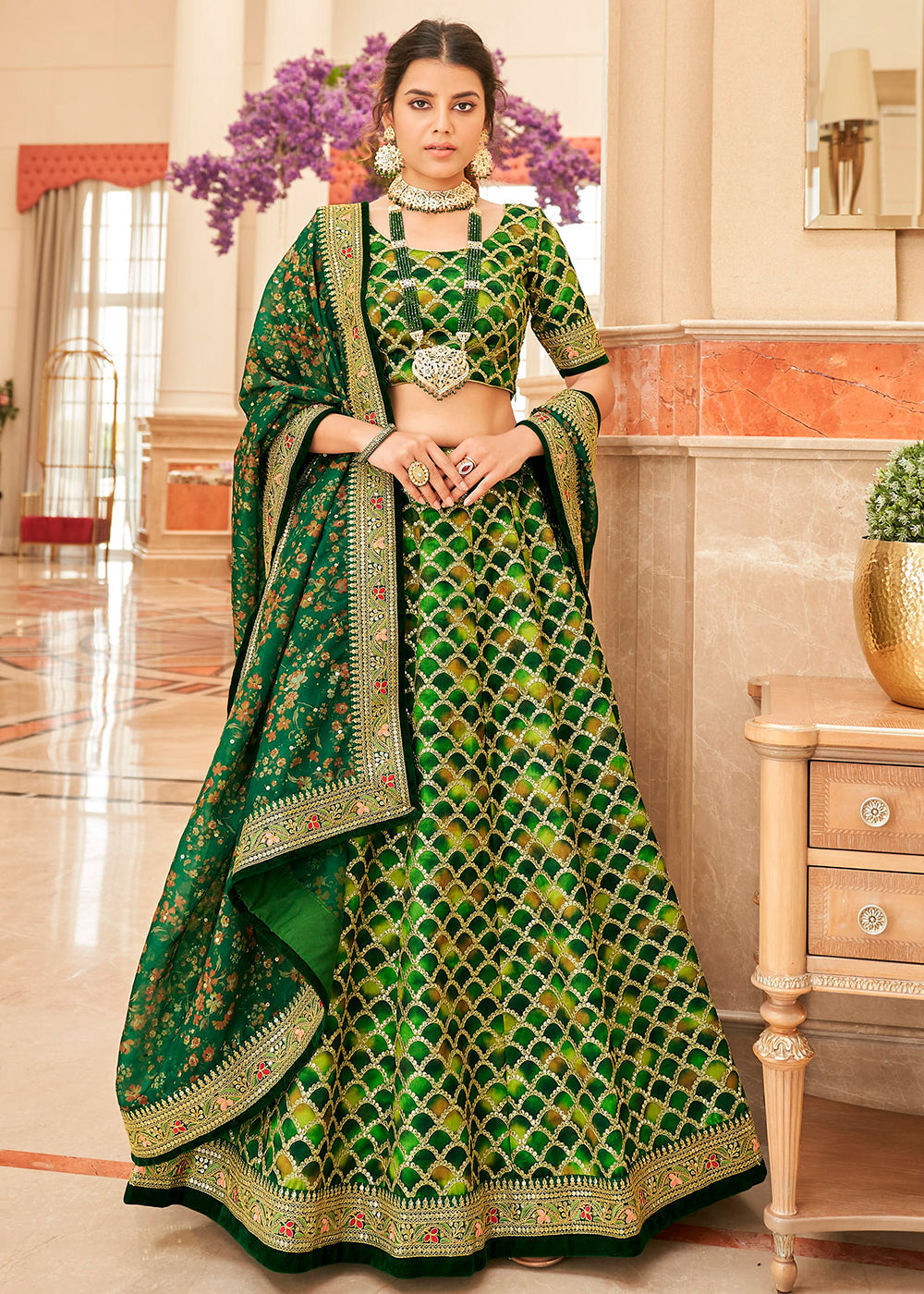 Shades Of Green Art Silk Lehenga Choli with Thread, Zari,Dori & Sequins work | Ready To Wear - qivii