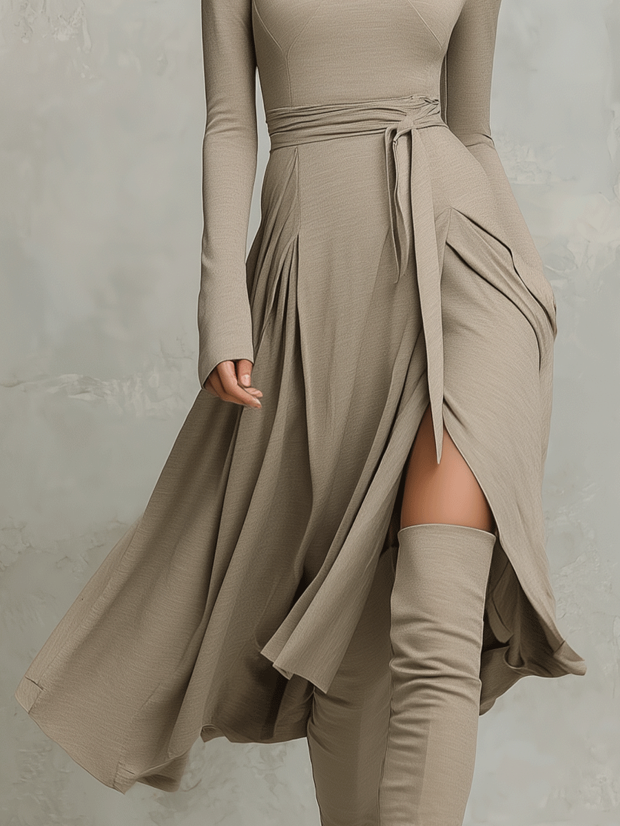 Women’s Elegant Figure-flattering Long Sleeves Knit Blend Midi Dress MDA2446G6I