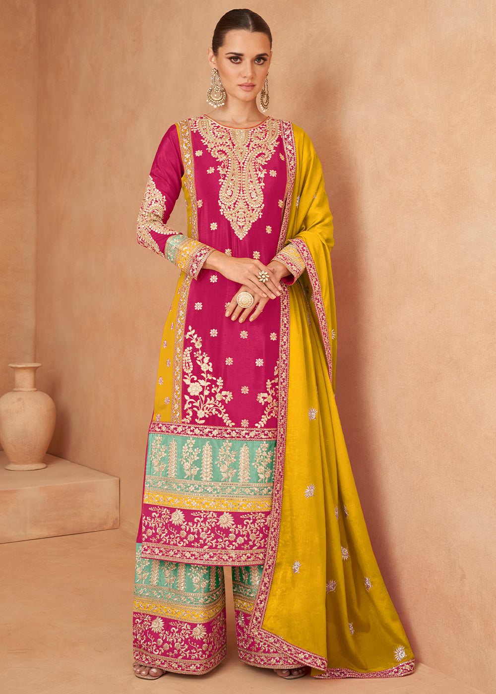 Magenta Pink Fully Embroidered Chinon Plazzo Suit - qivii