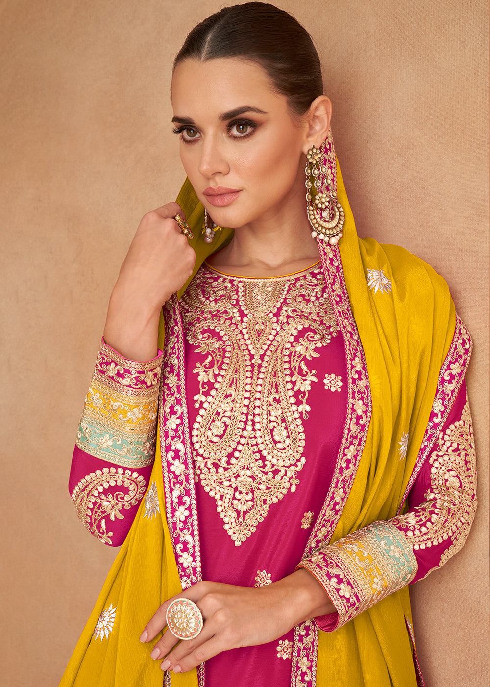 Magenta Pink Fully Embroidered Chinon Plazzo Suit - qivii