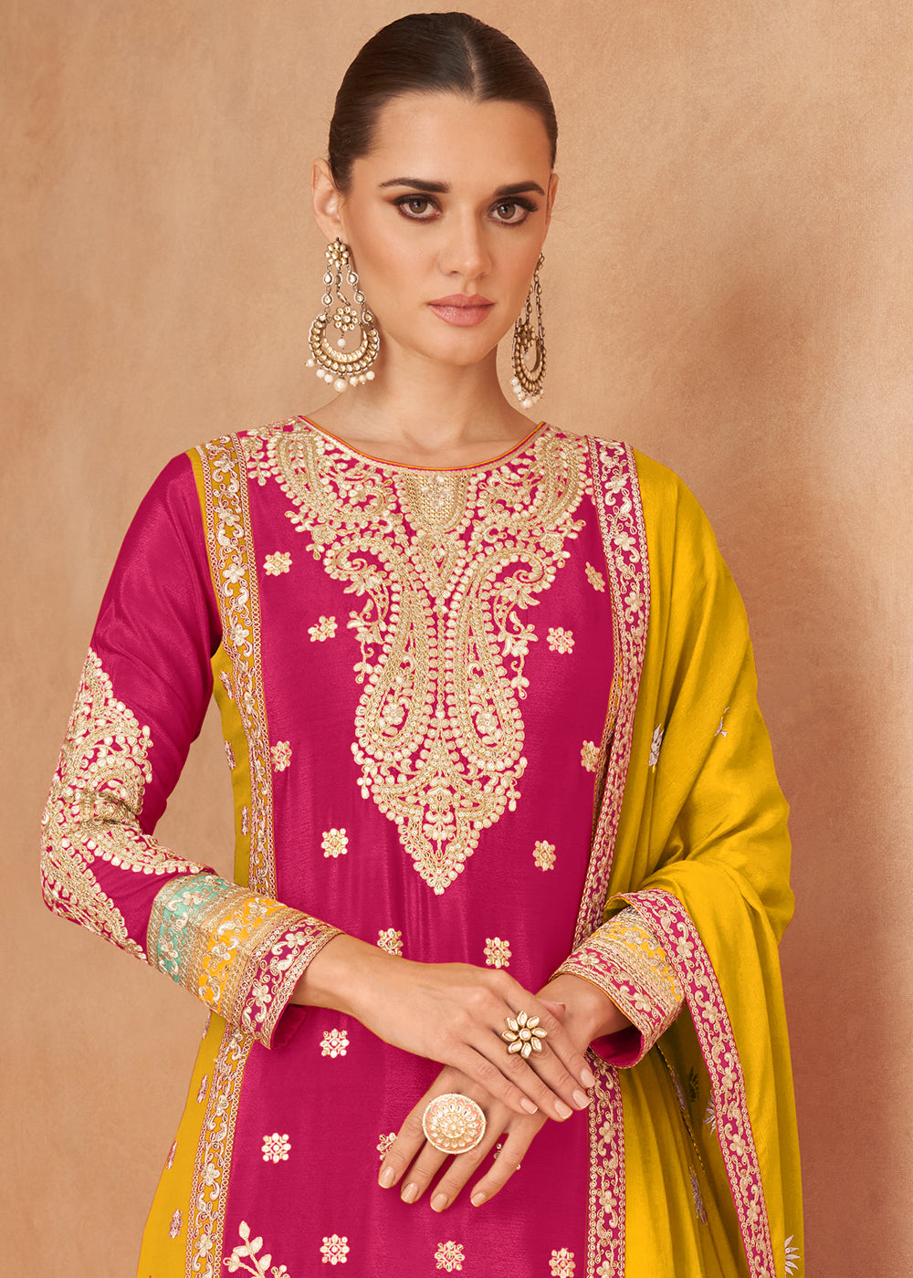 Magenta Pink Fully Embroidered Chinon Plazzo Suit - qivii