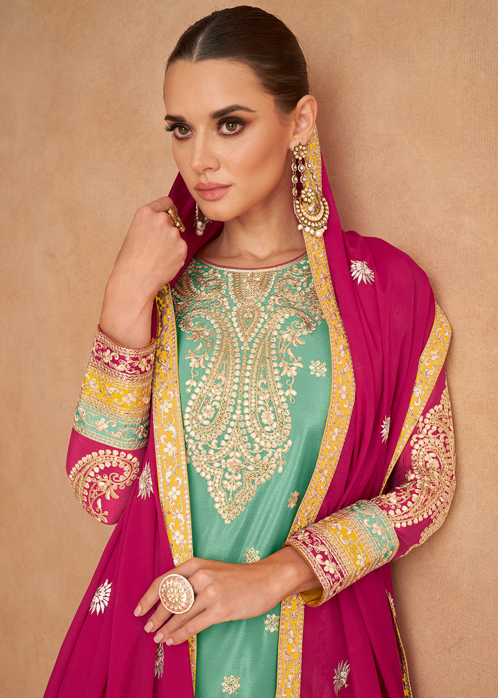 Middle Blue Fully Embroidered Chinon Plazzo Suit - qivii