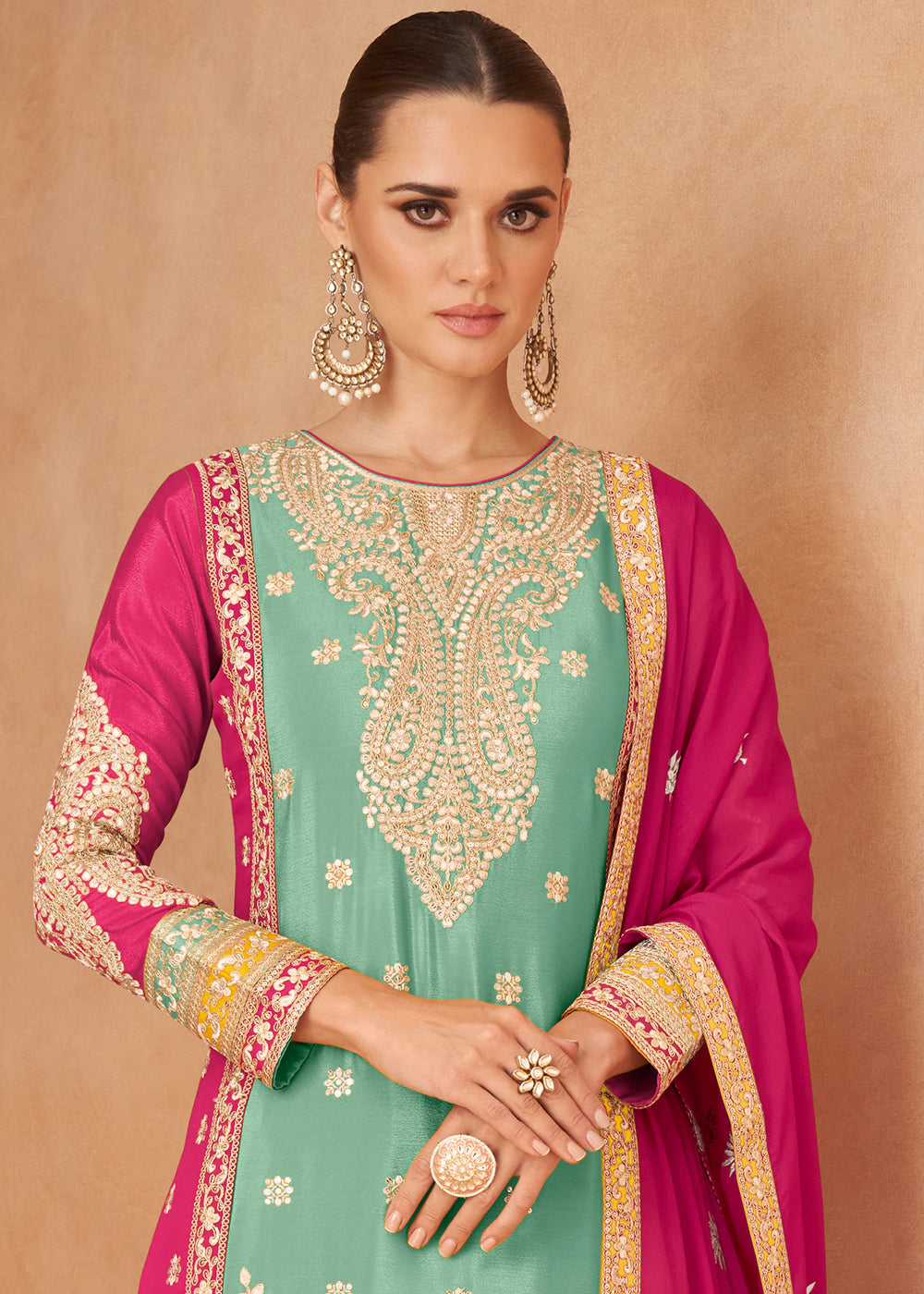 Middle Blue Fully Embroidered Chinon Plazzo Suit - qivii