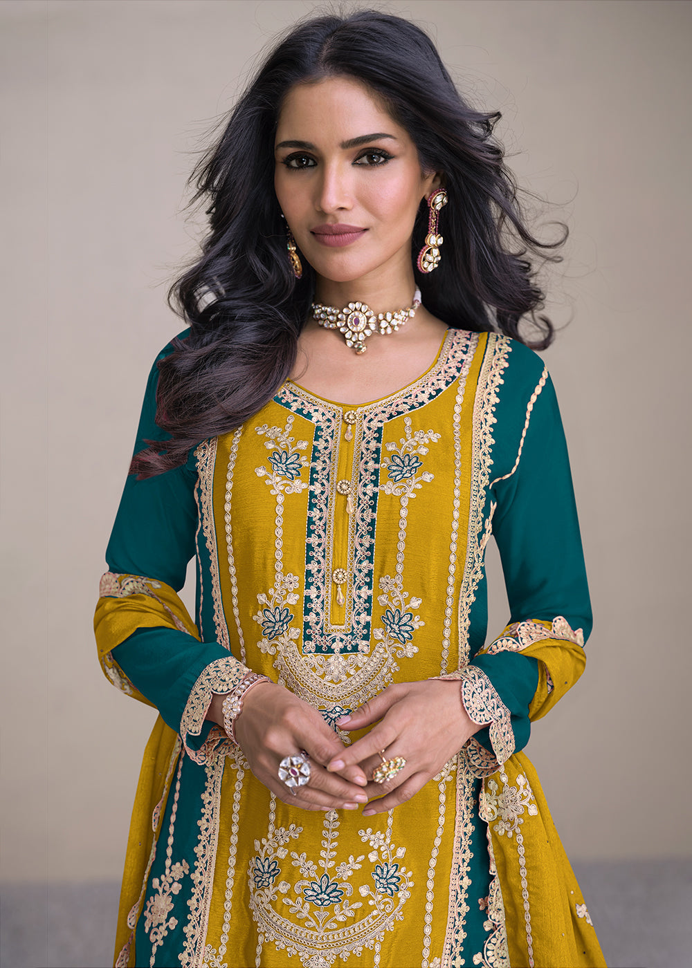 Mustard Yellow Embroidered Chinon Silk Plazzo Suit - qivii