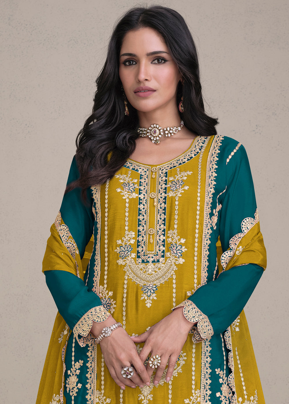 Mustard Yellow Embroidered Chinon Silk Plazzo Suit - qivii