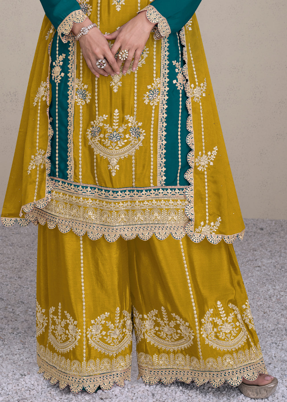 Mustard Yellow Embroidered Chinon Silk Plazzo Suit - qivii
