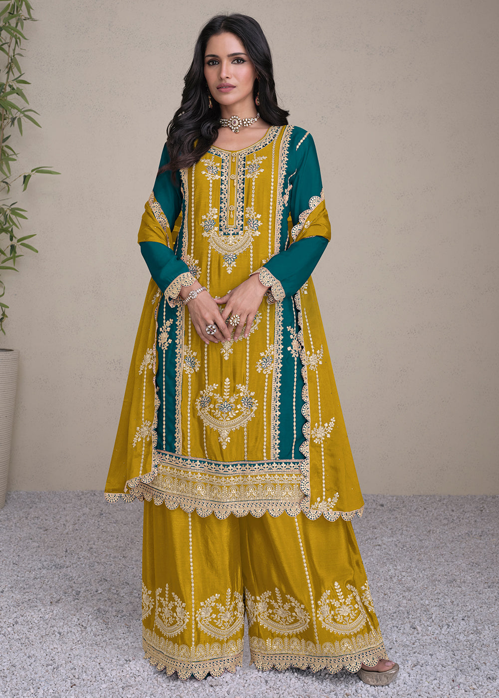 Mustard Yellow Embroidered Chinon Silk Plazzo Suit - qivii