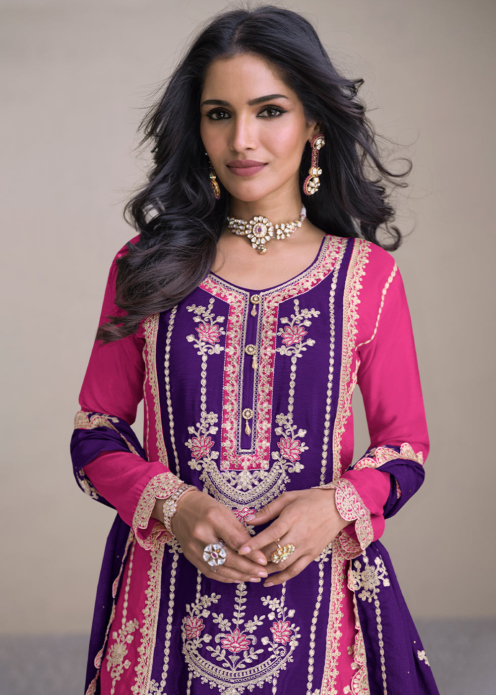 Grape Purple Embroidered Chinon Silk Plazzo Suit - qivii