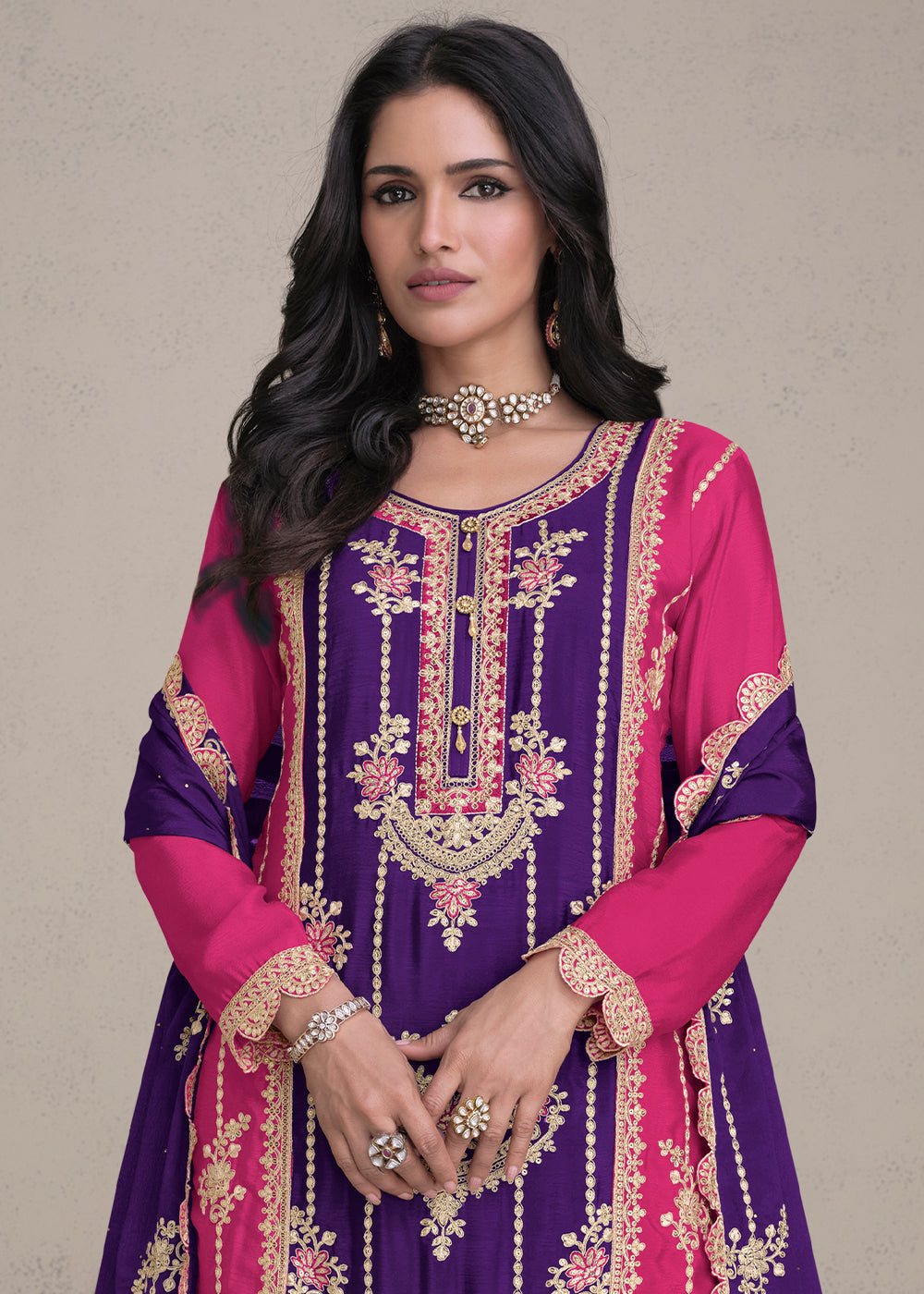 Grape Purple Embroidered Chinon Silk Plazzo Suit - qivii