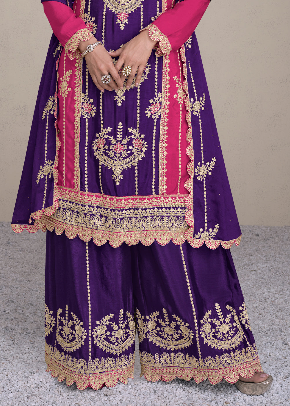 Grape Purple Embroidered Chinon Silk Plazzo Suit - qivii