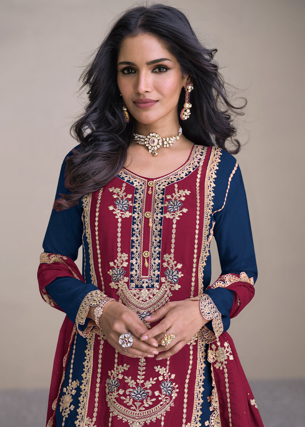 Berry Red Embroidered Chinon Silk Plazzo Suit - qivii