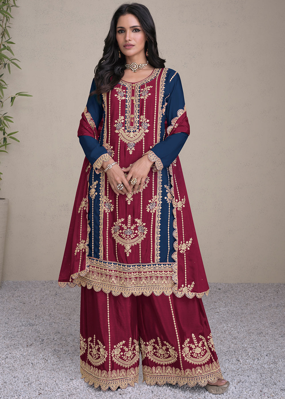 Berry Red Embroidered Chinon Silk Plazzo Suit - qivii