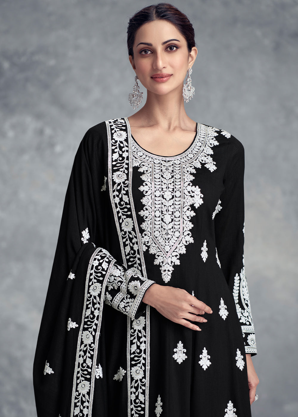 Jade Black Floral Embroidery Chinon Plazzo Suit - qivii