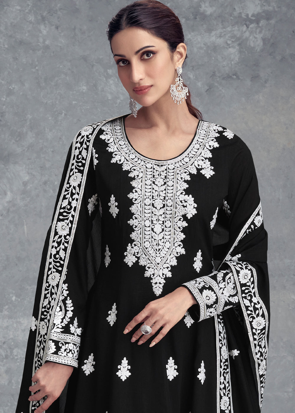Jade Black Floral Embroidery Chinon Plazzo Suit - qivii