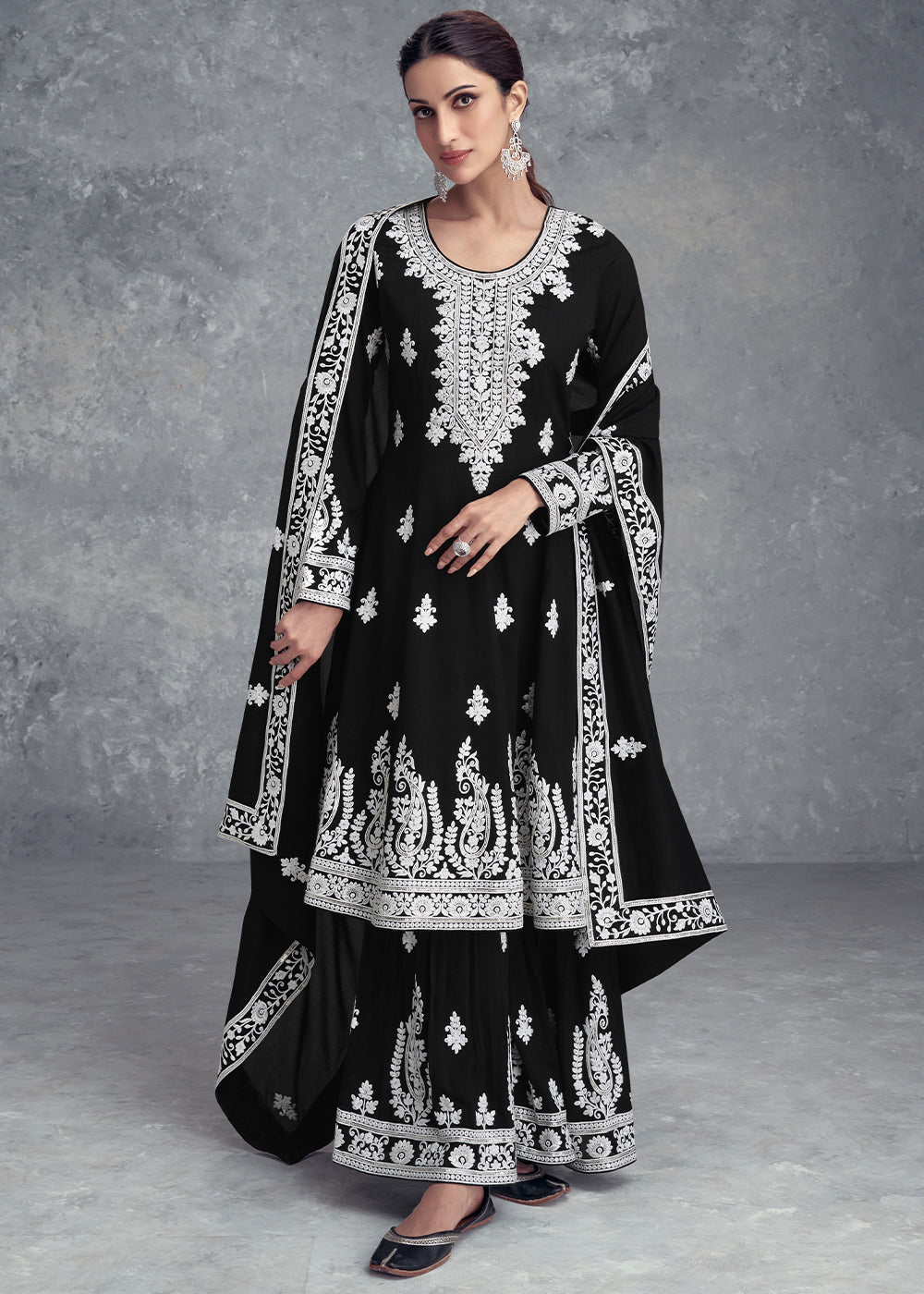 Jade Black Floral Embroidery Chinon Plazzo Suit - qivii