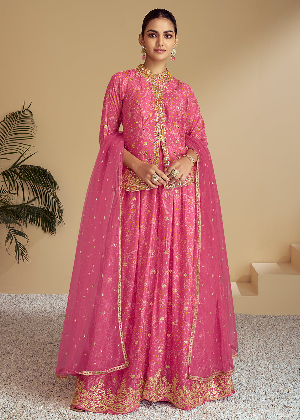Brilliant Rose Pink Bandhani Printed Chinon Silk Plazzo Suit with Embroidery work - qivii
