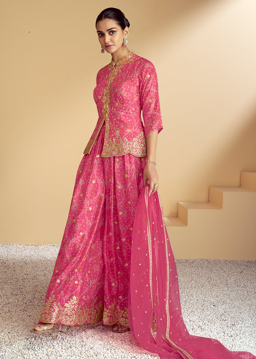 Brilliant Rose Pink Bandhani Printed Chinon Silk Plazzo Suit with Embroidery work - qivii