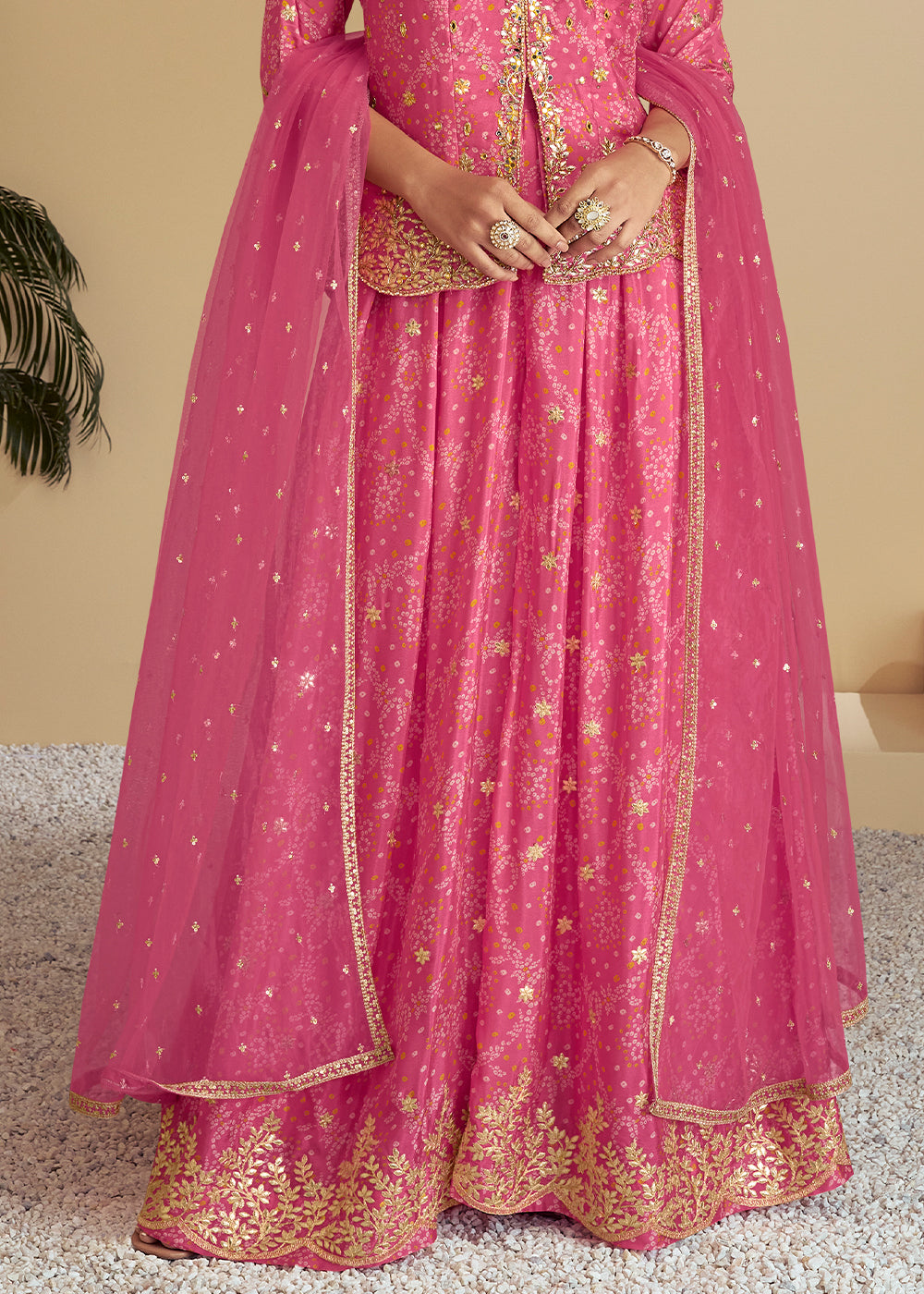 Brilliant Rose Pink Bandhani Printed Chinon Silk Plazzo Suit with Embroidery work - qivii