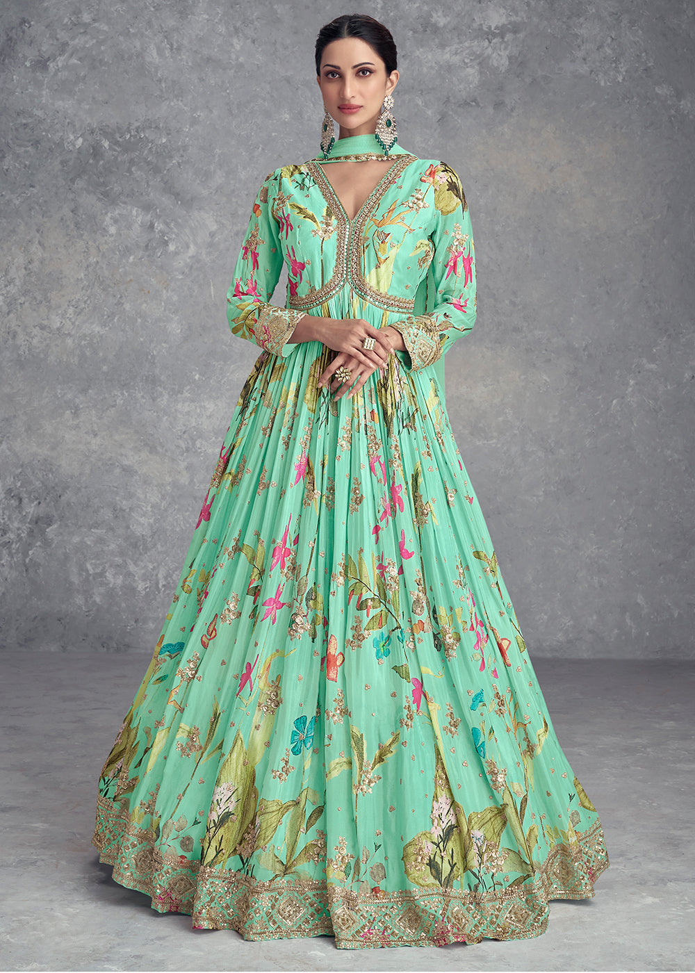 Blueish Green Digital Floral Printed Chinon Anarkali Suit with Embroidery work - qivii