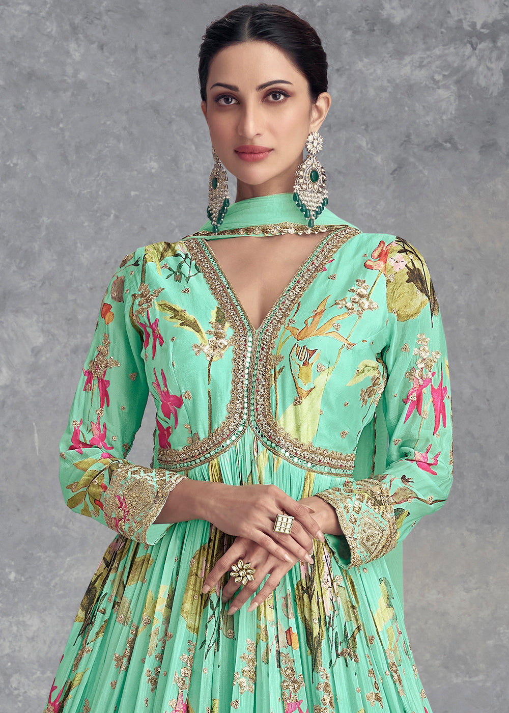 Blueish Green Digital Floral Printed Chinon Anarkali Suit with Embroidery work - qivii