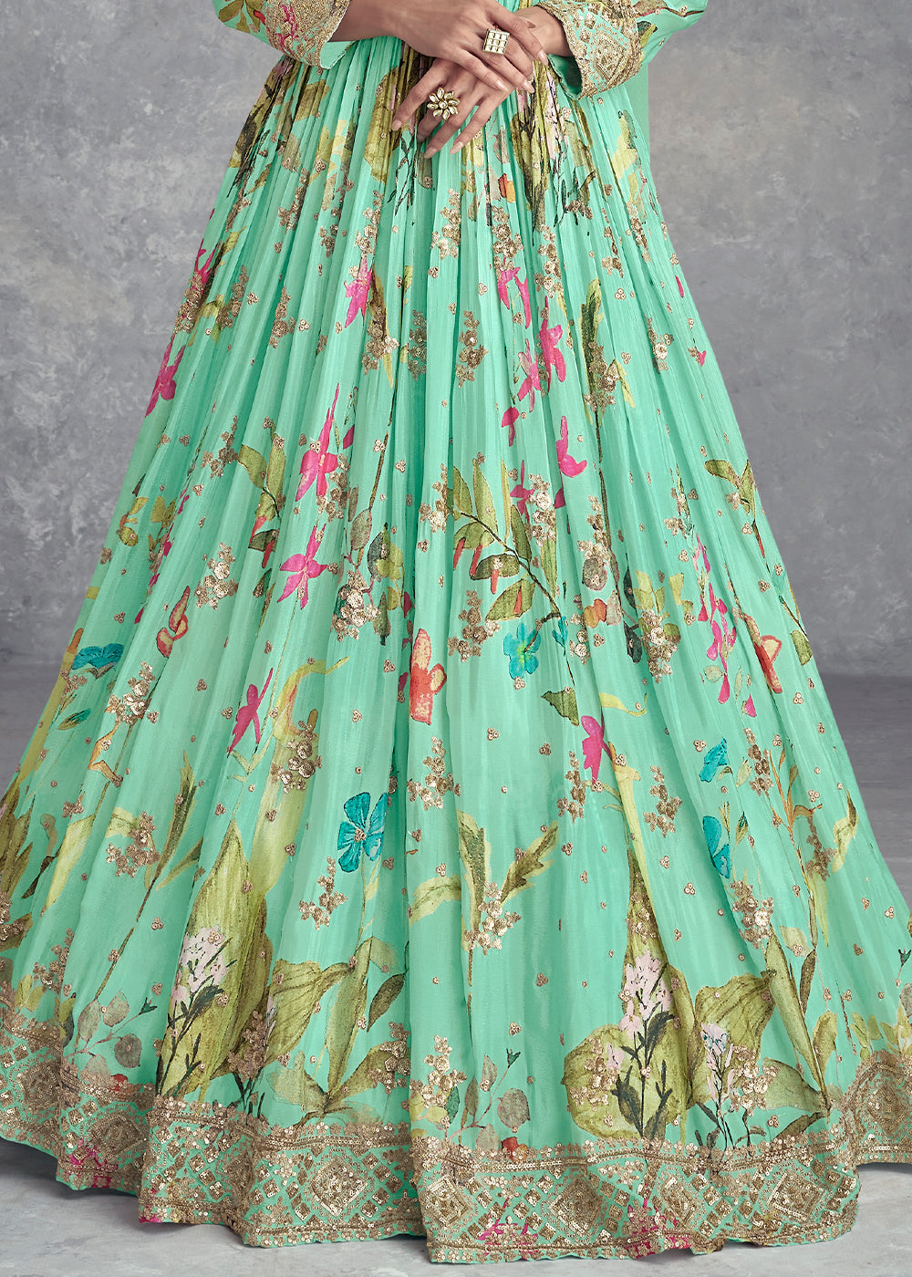 Blueish Green Digital Floral Printed Chinon Anarkali Suit with Embroidery work - qivii