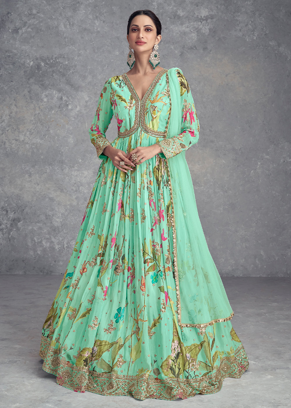 Blueish Green Digital Floral Printed Chinon Anarkali Suit with Embroidery work - qivii
