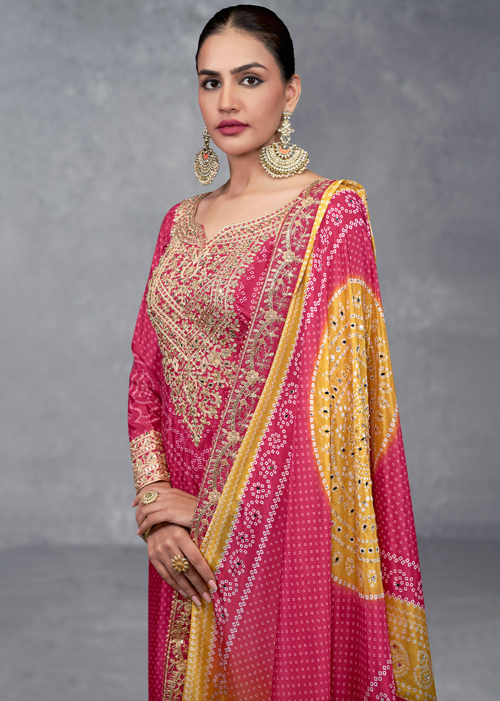 Frence Rose Pink Bandhani Printed Chinon Silk Plazzo Suit Having Embroidery with Mirror Work - qivii