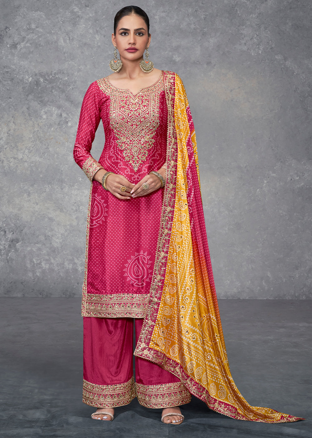 Frence Rose Pink Bandhani Printed Chinon Silk Plazzo Suit Having Embroidery with Mirror Work - qivii