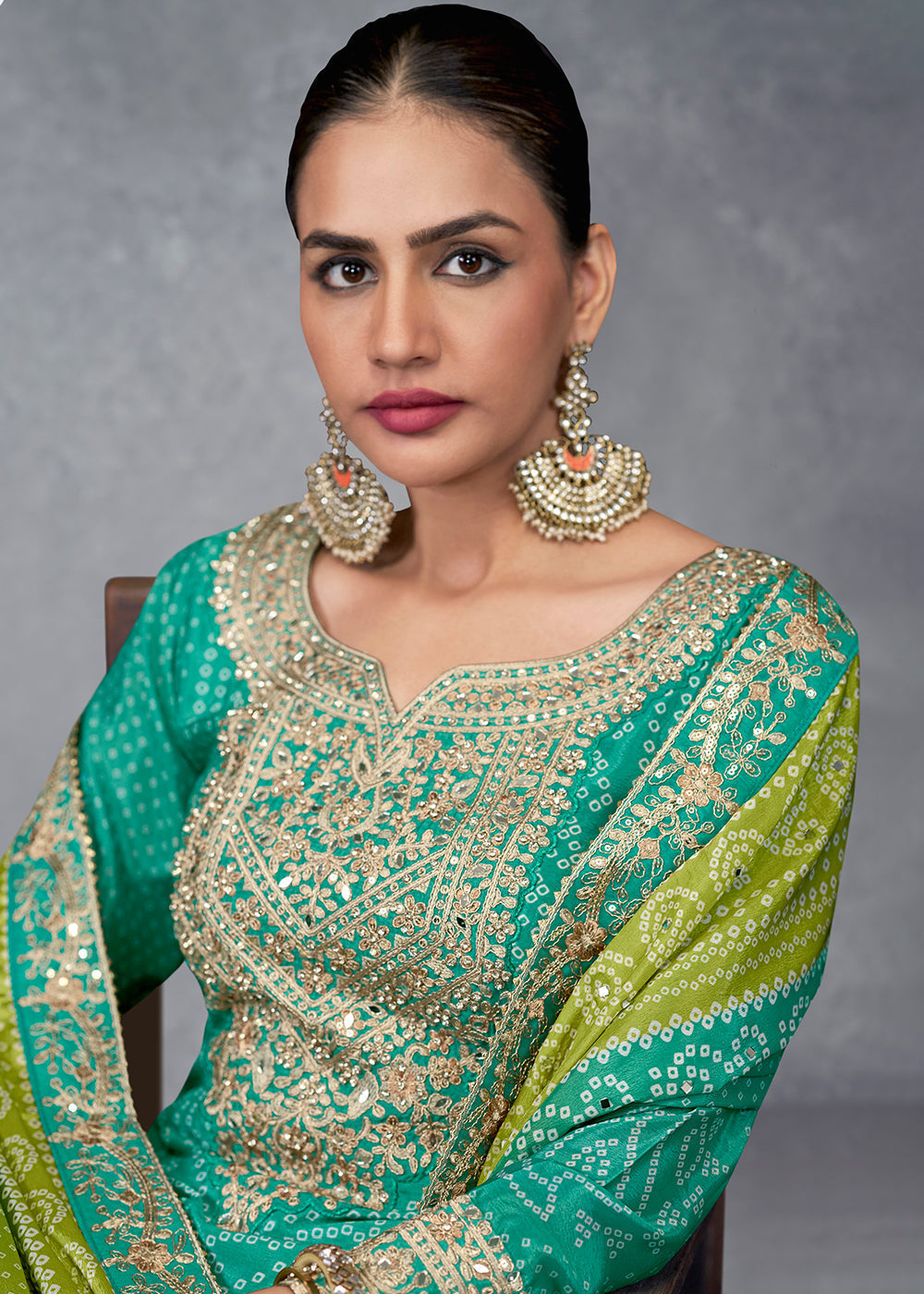 Clover Green Bandhani Printed Chinon Silk Plazzo Suit Having Embroidery with Mirror Work - qivii