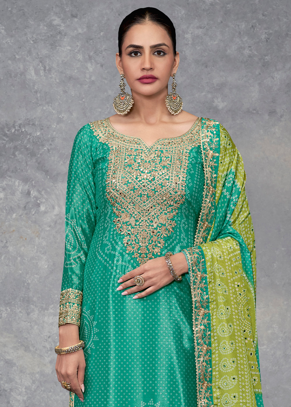 Clover Green Bandhani Printed Chinon Silk Plazzo Suit Having Embroidery with Mirror Work - qivii