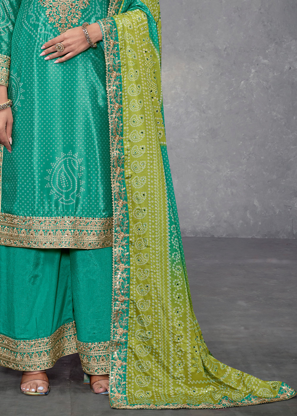 Clover Green Bandhani Printed Chinon Silk Plazzo Suit Having Embroidery with Mirror Work - qivii