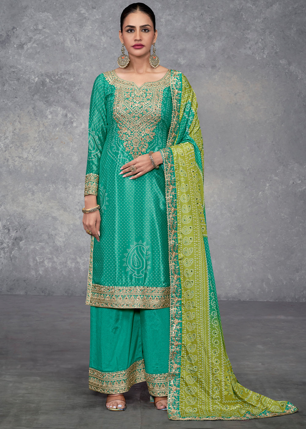 Clover Green Bandhani Printed Chinon Silk Plazzo Suit Having Embroidery with Mirror Work - qivii