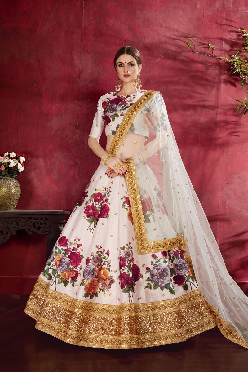 WHITE FLORAL PRINT ,DORI, ZARI AND SEQUINS EMBROIDERY LEHENGA CHOLI | Ready To Wear - qivii
