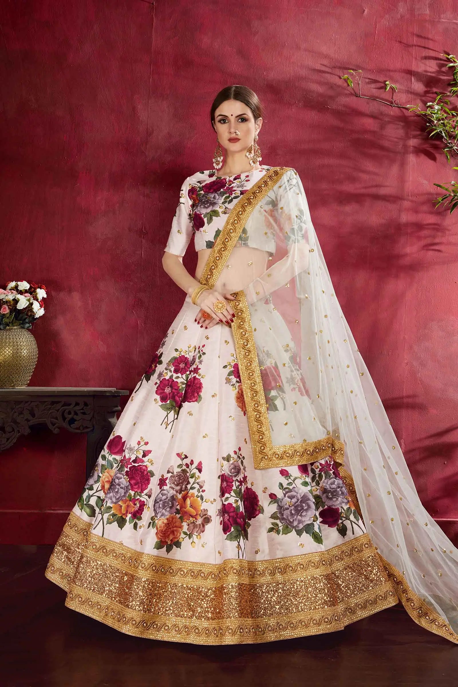 Off White Silk Lehenga With Floral Print Dori Zari And Sequins Embroidery Work | Ready To Wear - qivii