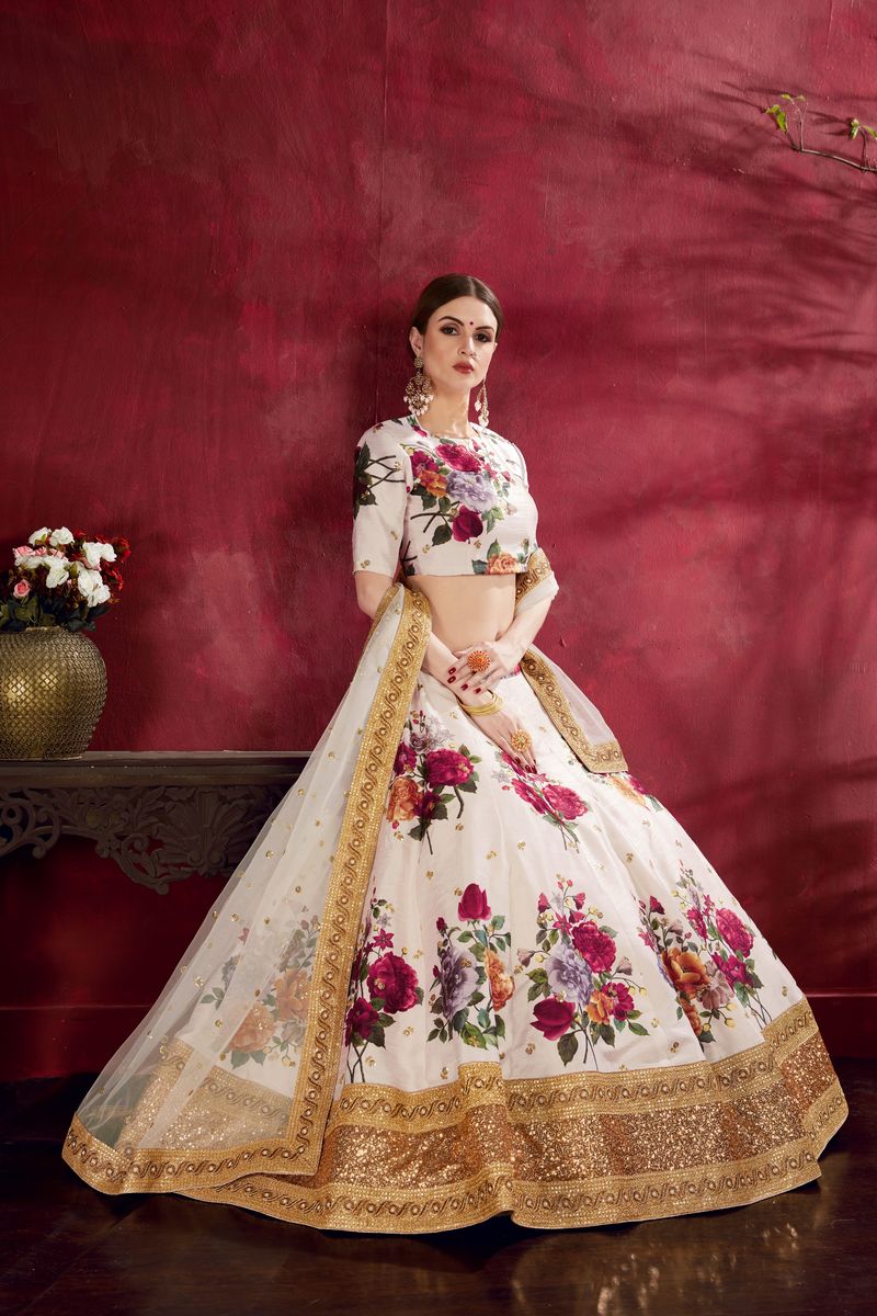 WHITE FLORAL PRINT ,DORI, ZARI AND SEQUINS EMBROIDERY LEHENGA CHOLI | Ready To Wear - qivii
