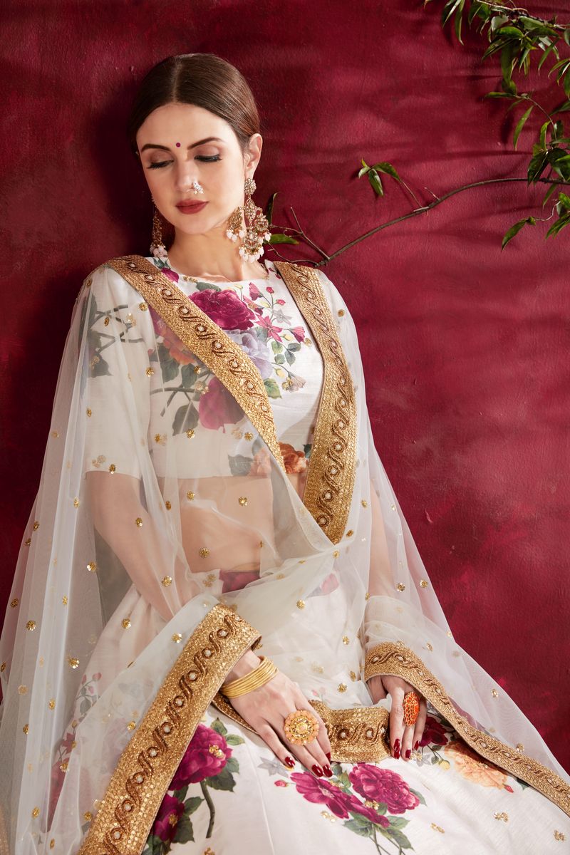WHITE FLORAL PRINT ,DORI, ZARI AND SEQUINS EMBROIDERY LEHENGA CHOLI | Ready To Wear - qivii