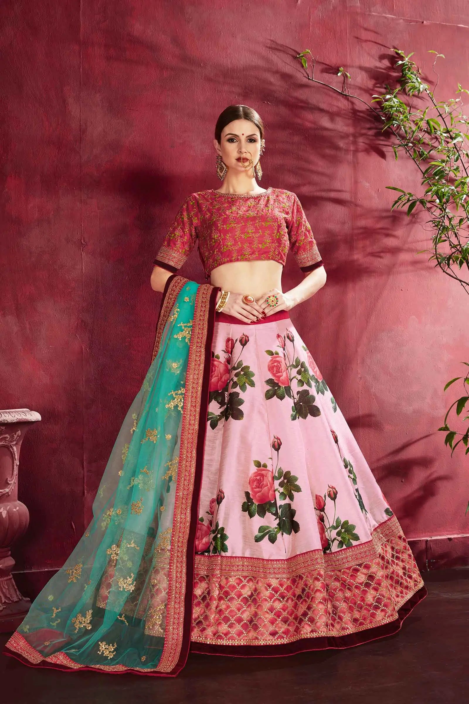 Rose Pink Silk Lehenga With Floral Print Dori Zari And Sequins Embroidery Work | Ready To Wear - qivii