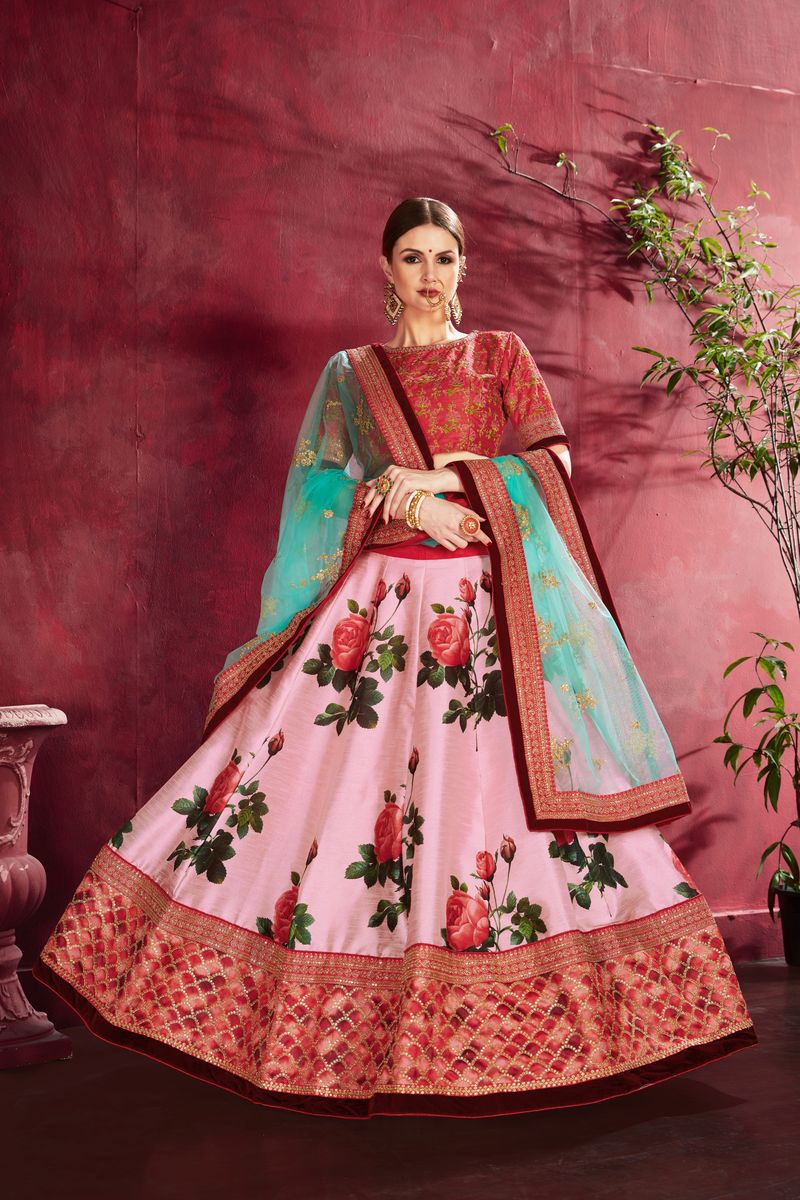 ROSE PINK FLORAL PRINT ,DORI, ZARI AND SEQUINS EMBROIDERY LEHENGA CHOLI | Ready To Wear - qivii