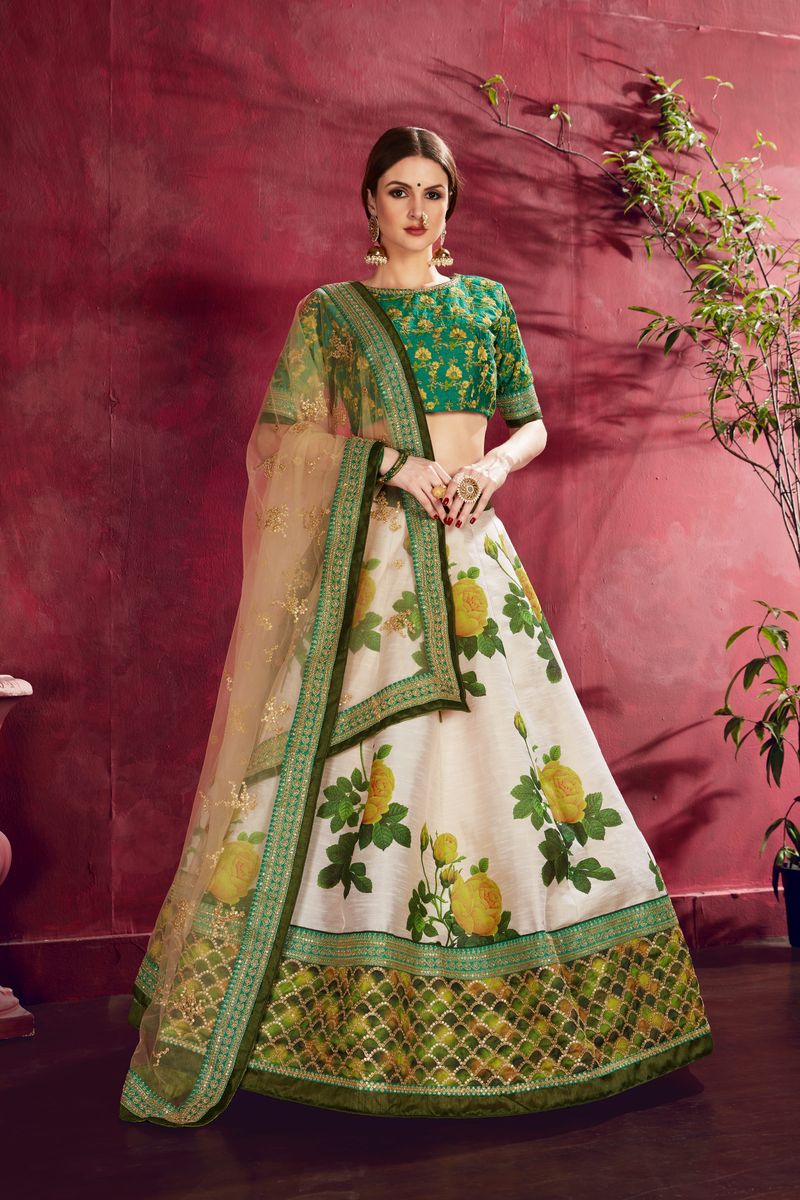 CREAM GREEN FLORAL PRINT ,DORI, ZARI AND SEQUINS EMBROIDERY LEHENGA CHOLI | Ready To Wear - qivii